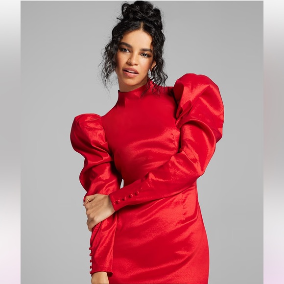 Red Puff Sleeve Mini Dress - Picture 3 of 4